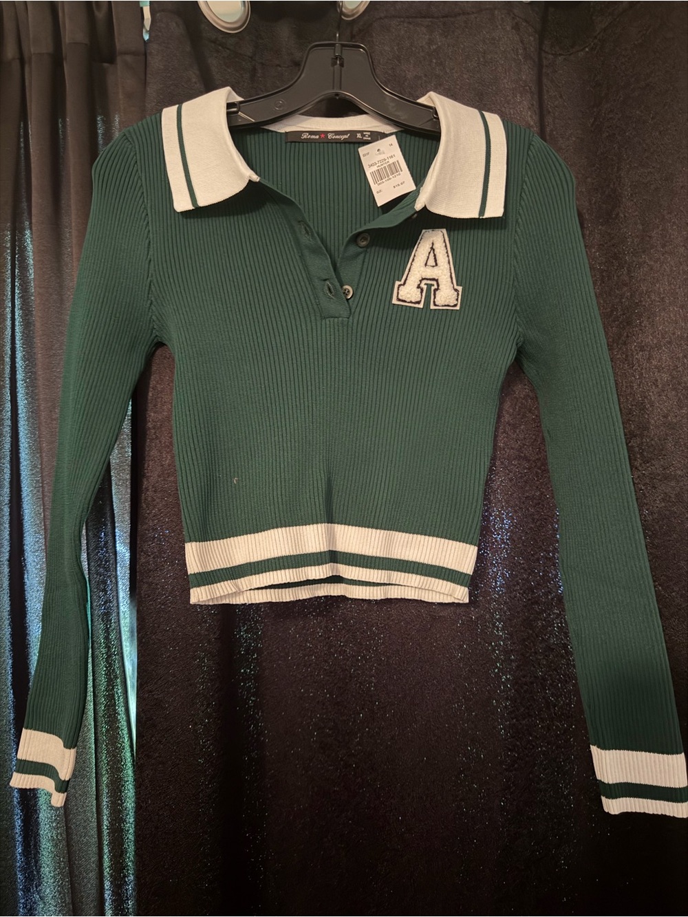 Green Polo Cropped Knit Top with Contrast Collar